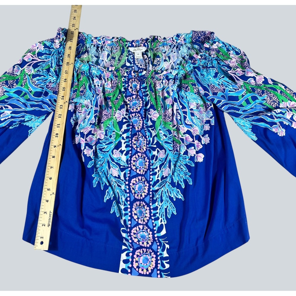 Lilly Pulitzer Womens Blue Floral Off The Shoulder Blouson Sleeve Blouse XL - Picture 6 of 12